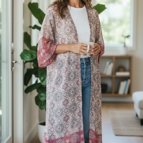 Lavish Other - Lavish Pink and Gray Patterned Kimono